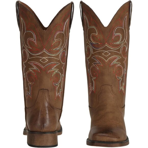 Brown Women's Wide Width Cowboy Boots Square Toe Mid Calf Western Cowgirl Boots - Picture 2 of 8